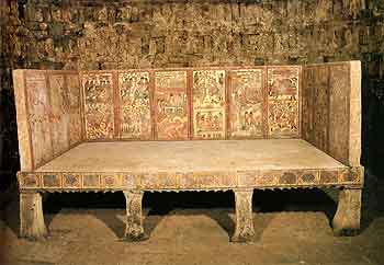 Fig. 1 View of restored coffin bed with screen from Northern Zhou tomb of An Jia in Xi'an