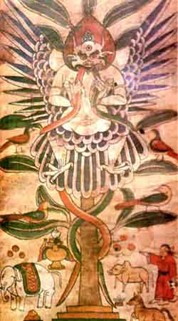 Garuda figure in Nakhi illustrated funeral scroll.