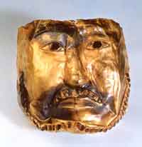 Gold mask unearthed at Boma ancient cemetery, Zhaosu county, in the collection of the Ili Kazak Autonomous Prefecture Museum, Yining.
