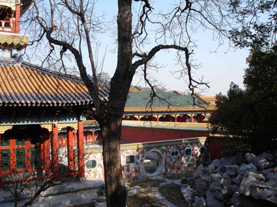 The Pavilion of Prolonged Spring (left) and the Pavilion of Tranquil Ease (right), with Prospect Hill visible in the distance. Photo: GRB.